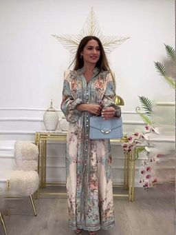 Outzidr - Blue Placement Print Shirt Maxi Street Style Dress