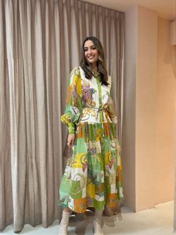 Outzidr - Green Bird Print Volume Sleeves Vacay Shirt Maxi Dress