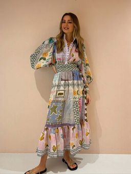 Outzidr - Blue Abstract Print Maxi Vacay Dress