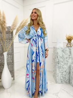 Outzidr - Blue V Neck Printed High Slit Maxi Vacay Dress