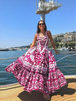 Outzidr - Red Placement Print Tiered Maxi Vacay Dress