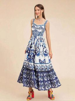 Outzidr - Blue Placement Print Tiered Maxi Vacay Dress
