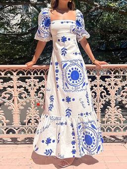 Outzidr - White Sqaure Neck Puff Sleeves Flared Vacay Dress