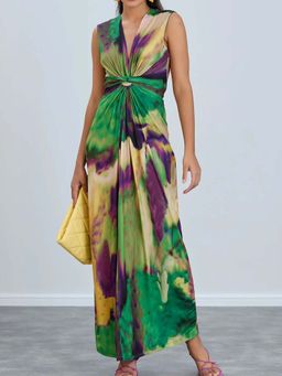 Outzidr - Multi-Color Front Knot Sleeveless Vacay Dress