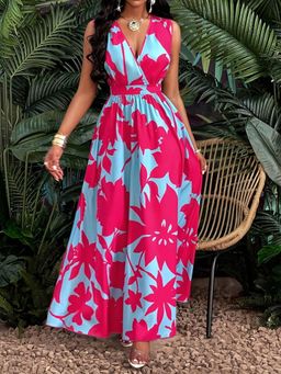 Outzidr - Multi-Color Floral Print Wrap Maxi Vacay Dress