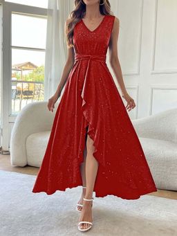 Outzidr - Red V Neck Flared High Low Party Dress