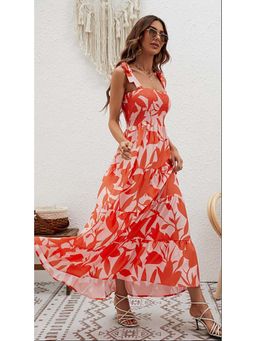 Outzidr - Orange Printed Tie Up Maxi Vacay Dress