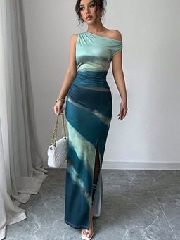 Outzidr - Green One Shoulder Printed Slit Bodycon Party Dress