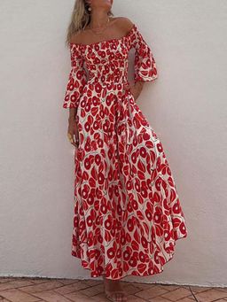 Outzidr - Red Off-Shoulder Floral Maxi Dress
