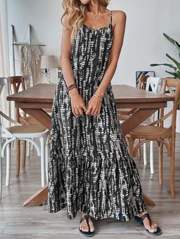 Outzidr - Black Strappy Printed Maxi Vacay Dress