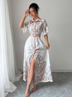 Outzidr - White Button Down Printed Shirt Party Dress