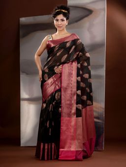 CHARUKRITI - Black Cotton Silk Handwoven Saree with Unstitched Blouse