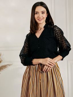 Carlton London - Women Casual Black Colour V-neck Self Design Regular Top