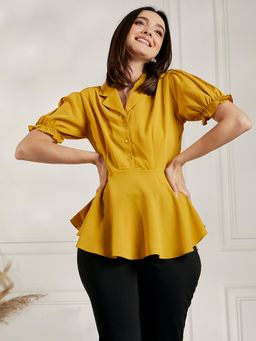 Carlton London - Women Casual Mustard Colour Shirt Collar Solid Peplum Top