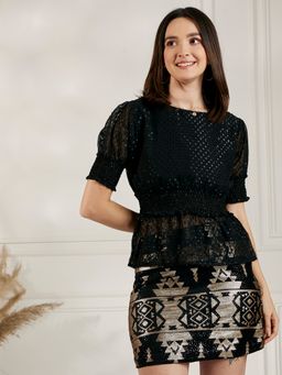 Carlton London - Women Casual Black Colour Round Neck Self Design Cinched Waist Top