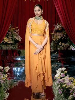 Label S4U - Orange Embroidered Cape with Bustier and Skirt