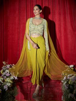 Label S4U - Green Sequin Embroidered Cape with Bustier and Skirt