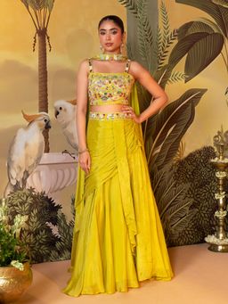 Label S4U - Yellow Floral Embroidered Lehenga with Bustier and Dupatta