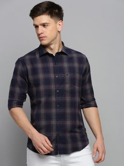 SHOWOFFFF - Mens Spread Collar Checked Navy Blue Classic Shirt