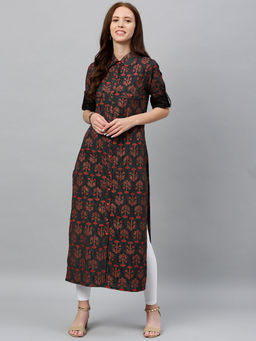 Kipek - Womens Printed D-line Cotton Fabric Straight Kurta Black Color