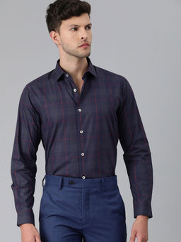 The Bear House - Men's Checked Slim Fit Long Sleeves Navy Blue Shirt
