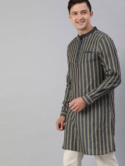 The Bear House - Men Black Cream Striped Jacquard Festive Kurta