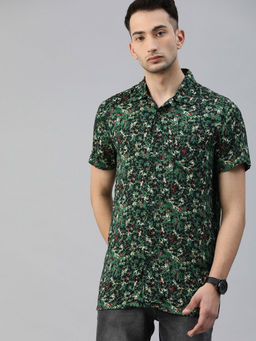 The Bear House - Men's Printed Slim Fit Short Sleeves Green Shirt