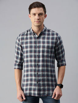 The Bear House - Men's Checked Slim Fit Long Sleeves Blue Shirt