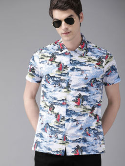 The Bear House - Men's Printed Slim Fit Short Sleeves Blue Shirt