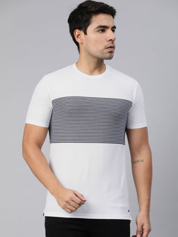 The Bear House - Men White Blue Striped Round Neck T-shirt