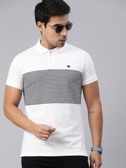 The Bear House - Men White Black Striped Polo Collar T-shirt