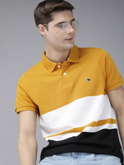 The Bear House - Men Mustard Yellow Black Striped Polo Collar Slim Fit T-shirt