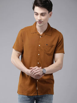 The Bear House - Men's Solid Slim Fit Short Sleeves Mustard Shirt