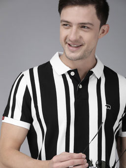The Bear House - Men Black White Striped Polo Collar Slim Fit T-shirt