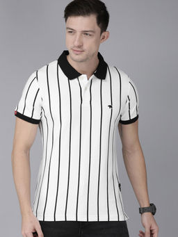 The Bear House - Men White Black Striped Polo Collar Slim Fit T-shirt