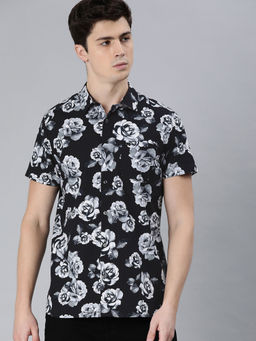 The Bear House - Men's Printed Slim Fit Short Sleeves Black Shirt