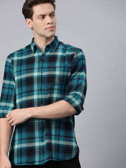 The Bear House - Men's Checked Slim Fit Long Sleeves Blue Shirt
