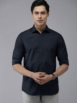 The Bear House - Men's Solid Slim Fit Long Sleeves Navy Blue Shirt