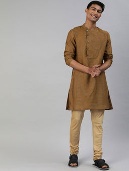 The Bear House - Men Mustard Yellow Striped Straight Kurta