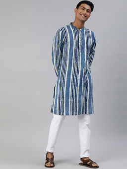 The Bear House - Men Blue White Striped Straight Kurta