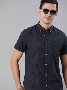 The Bear House - Men's Printed Slim Fit Short Sleeves Navy Blue Shirt
