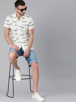 The Bear House - Men's Printed Slim Fit Short Sleeves White Shirt