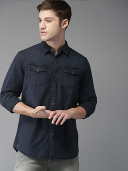 The Bear House - Men's Solid Slim Fit Long Sleeves Navy Blue Shirt