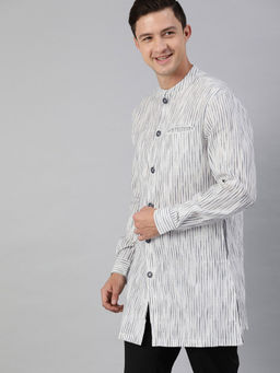 The Bear House - White Blue Tie N Dye Corded Kurta With Front Slit Striped Kurta