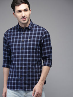The Bear House - Men's Checked Slim Fit Long Sleeves Navy Blue Shirt