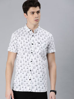 The Bear House - Men's Printed Slim Fit Short Sleeves White Shirt
