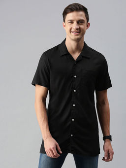 The Bear House - Men's Solid Slim Fit Short Sleeves Black Shirt