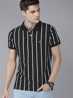 The Bear House - Men Black White Striped Polo Collar Slim Fit T-shirt