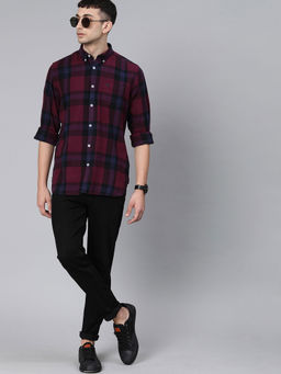 The Bear House - Men's Checked Slim Fit Long Sleeves Maroon Shirt