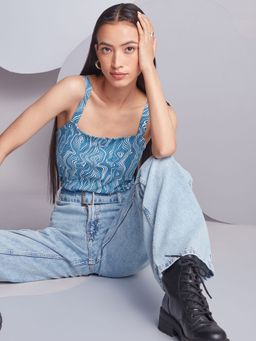 Twenty Dresses by Nykaa Fashion - Blue And White Stripes Square Neck Bodysuit